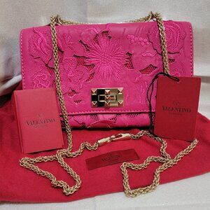Rare VALENTINO Napa Lace Girello Flap Bag in Fuschia